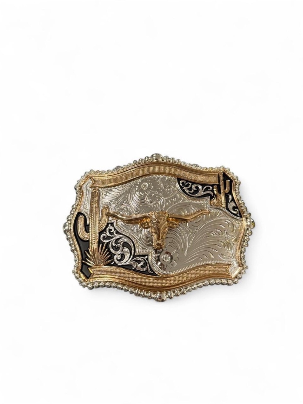 Mixed Metal Longhorn Decorative Belt Buckle - Gold & Silver Western Accent